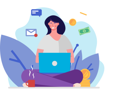 Illustration of a woman happily working on a laptop