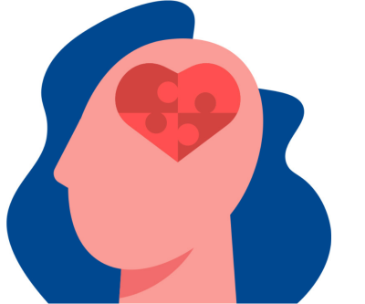 Illustration of a head with a puzzle heart for a brain