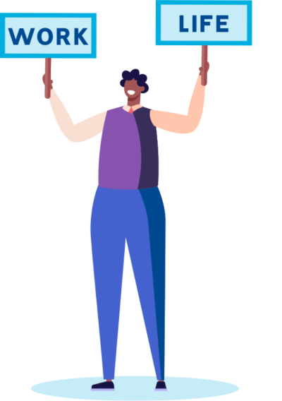 Illustration of a man holding two signs that read "work" and "life"