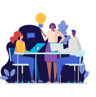 Illustration of two people working at a table with one teacher standing next to it