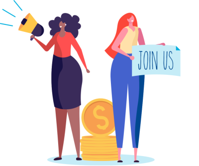 Illustration of two women, one with a bullhorn and the other with a sign that reads "Join Us"