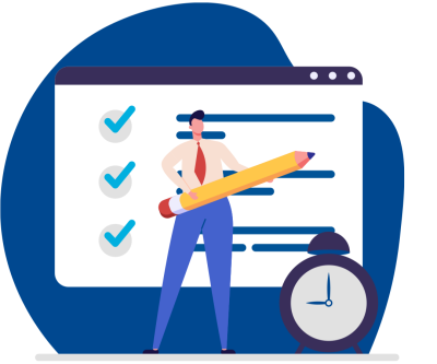 Illustration of a man holding a pencil in front of a checklist