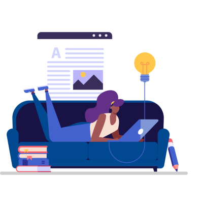 Illustration of a young woman lying on the couch, working on her laptop