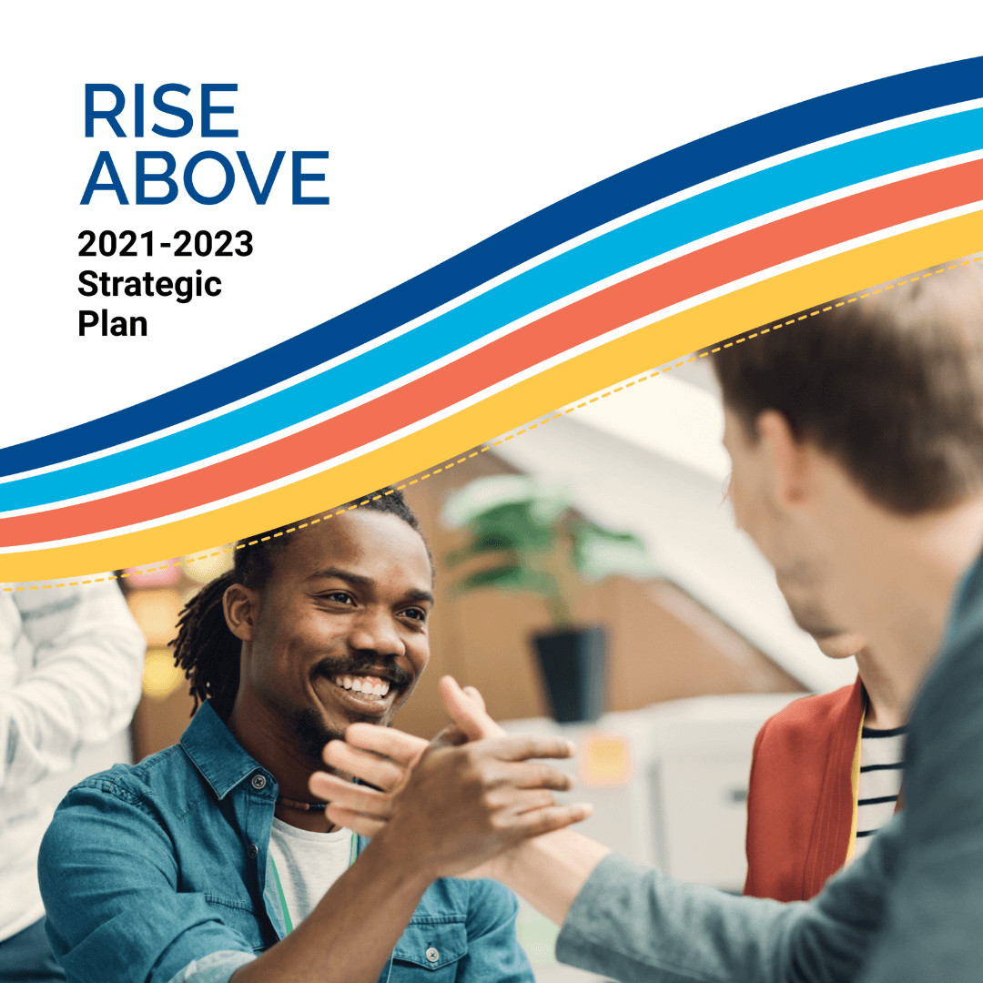 The cover of the Strategic Plan, featuring two colleagues shaking hands.